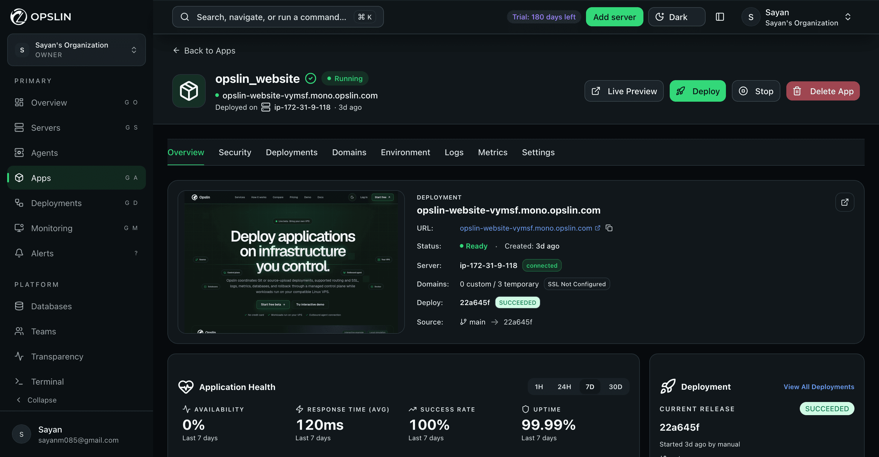 Opslin application detail screen showing deployment status, a live preview, and application health metrics